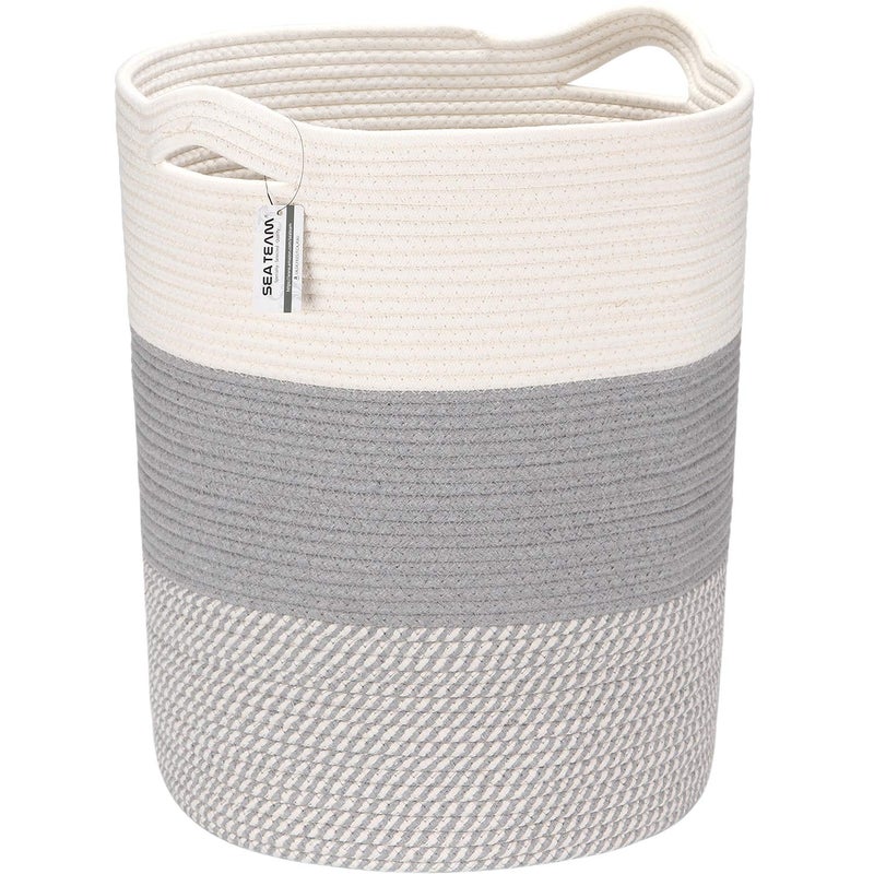 Sea Team Large Size Cotton Rope Woven Storage Basket with Handles, Laundry Hamper, Fabric Bucket, Drum, Clothes Toys Organizer for Kid's Room, 20 x 14 inches, Round Open Design, White & Mottled Grey - Image 1